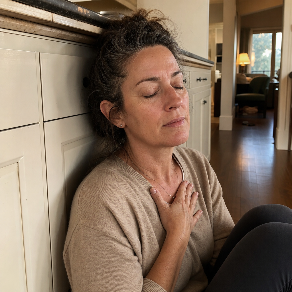 A woman in her forties sitting on the kitchen floor at the end of a long day, shoulders dropping as she exhales, the rational evening reach for relief made human, no judgment