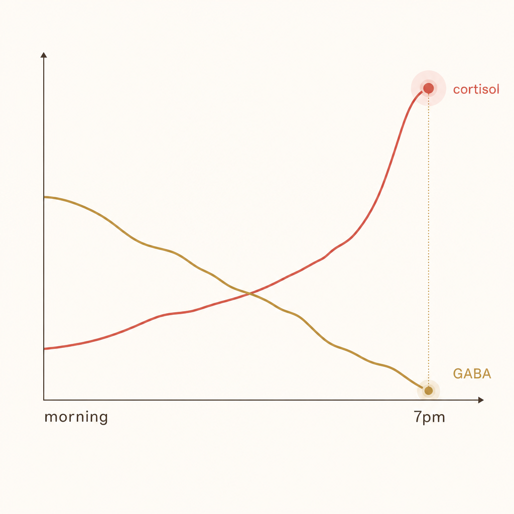 A clean editorial chart showing a cortisol line climbing through the day and spiking by 7pm while the GABA calming-signal line drains low, the bloodwork behind the evening wine reach, no people and no product
