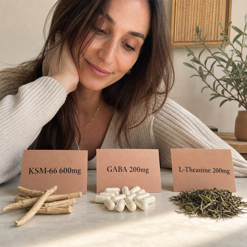 Three ingredient groupings on cream, ashwagandha root with a KSM-66 600mg card, GABA capsules with a 200mg card, and green tea leaves with an L-Theanine 200mg card, the clinically dosed blend, no product pouch