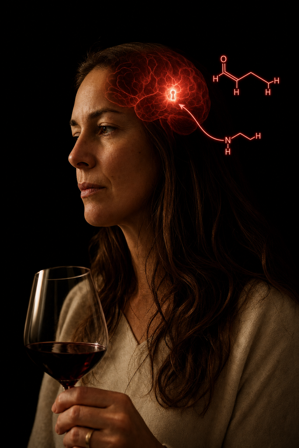 Reverential medical-investigation portrait of the same woman lowering the wine glass, the crimson brain overlay showing the lit GABA-A receptor with two molecular keys beside it, the ethanol key cracking the lock and a clean non-alcohol key beside it