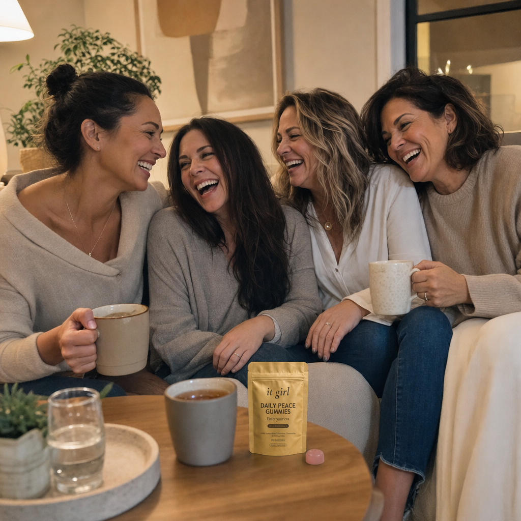 Warm candid group of relaxed women in their forties and fifties laughing together in an evening living room with tea and water, a gold It Girl Daily Peace pouch resting nearby