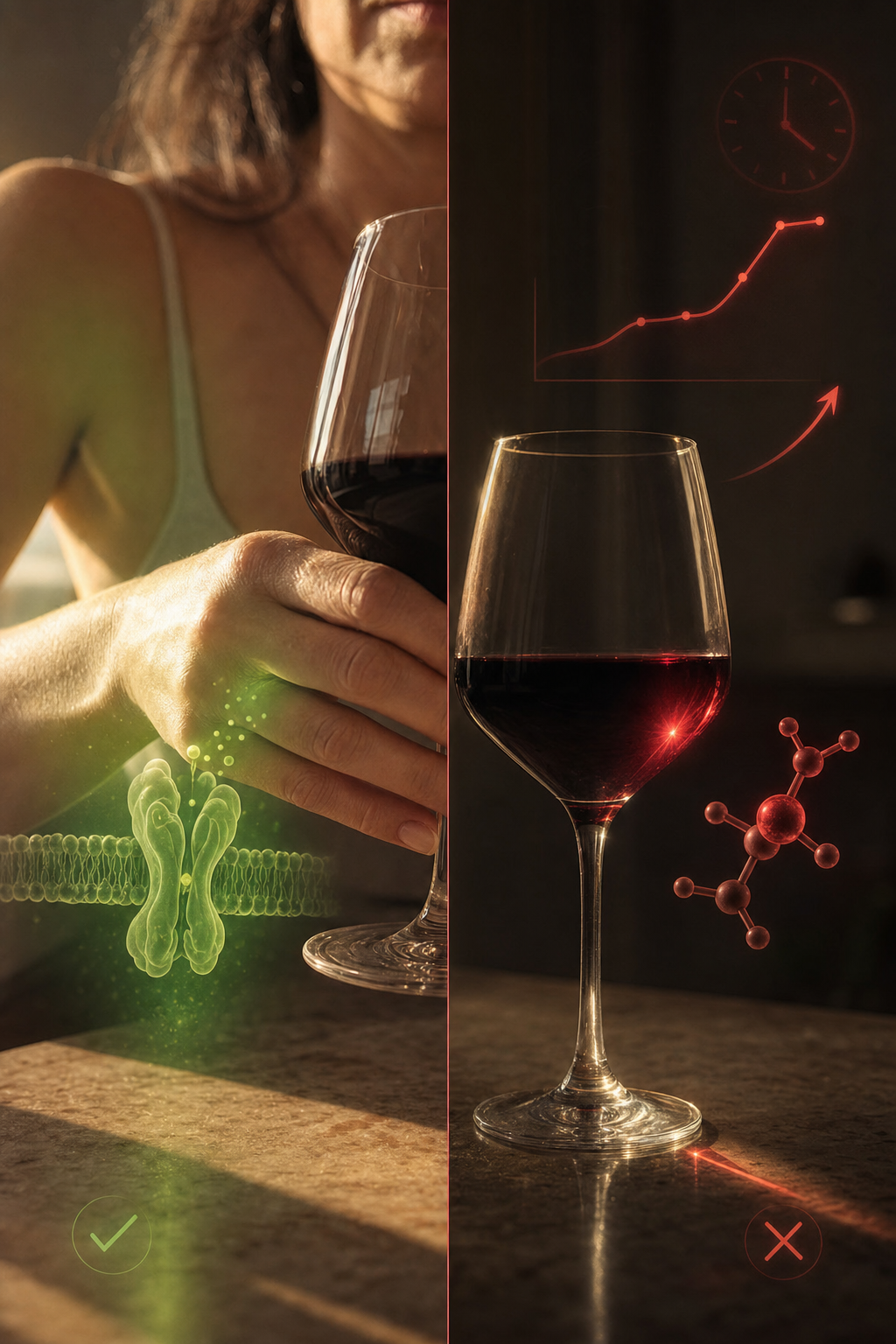 Split-frame macro on warm marble, left a hand reaching for a wine glass with a green GABA-A receptor glowing through the wrist as the right instinct, right the wine glass alone with a red ethanol molecule and a red rebound arrow as the wrong vehicle, hairline red divider