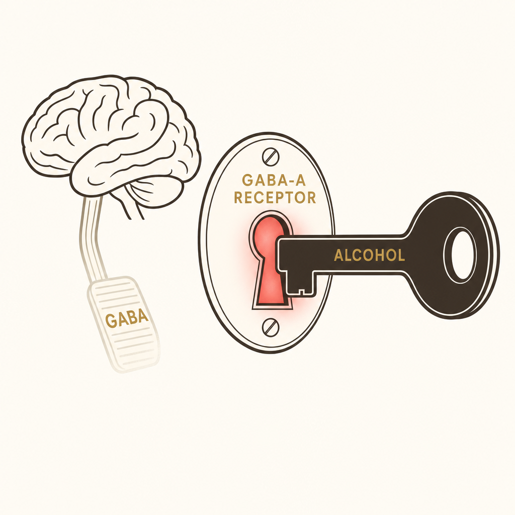 Diagram of the GABA-A receptor as a lock with alcohol as a blunt key flooding in the calm signal.