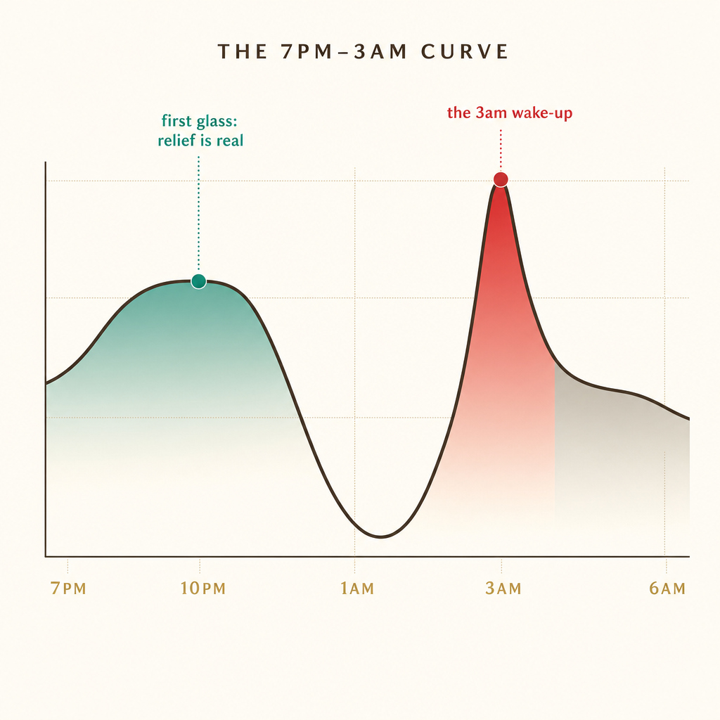 Editorial line chart of the evening calm curve rising at 7pm then rebounding into a cortisol spike between 1am and 4am.