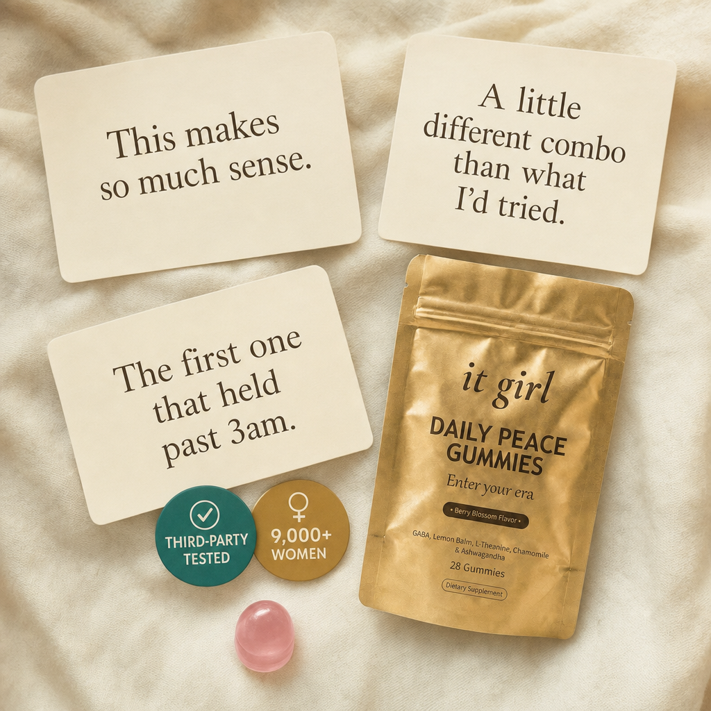 The Daily Peace pouch beside third-party-tested and 9,000-plus-women trust badges and review-style quote cards.