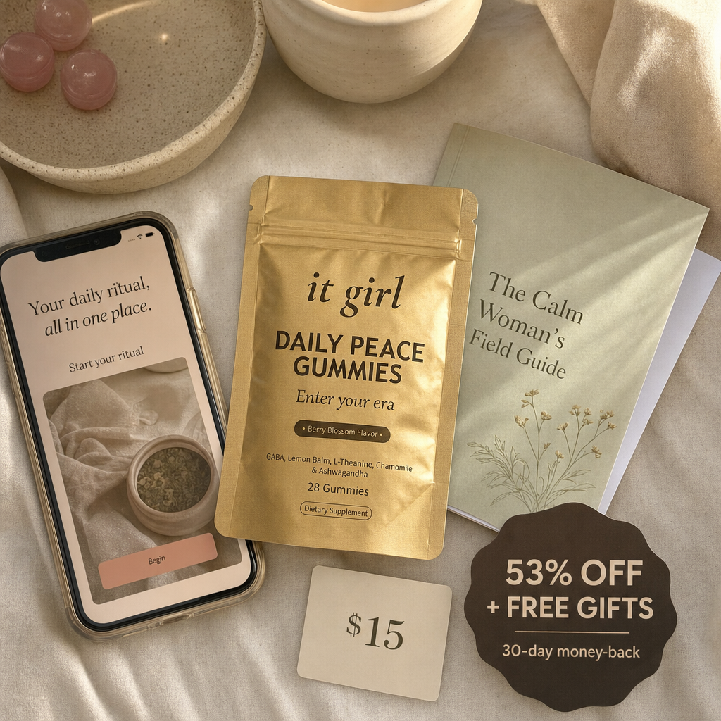The Daily Peace bundle on cream: gold pouch, the It Girl app on a phone, a $15 gift card and the Calm Woman's Field Guide.
