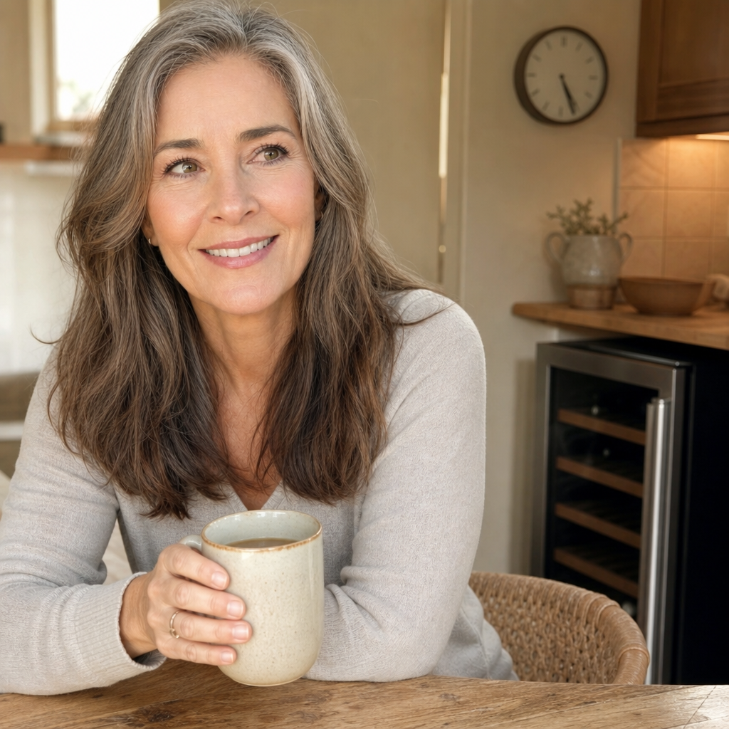 Relaxed woman with tea at 5pm, the closed wine fridge untouched behind her, the evening pull simply gone
