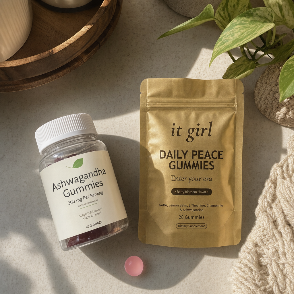 Overhead comparison, a sparse generic stress-gummy jar versus the fuller Daily Peace research dose