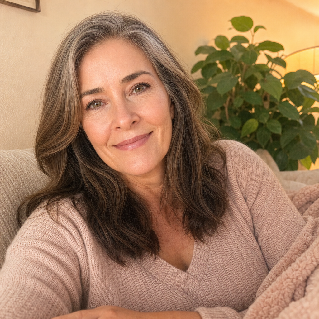 Woman exhaling on the couch in warm lamp light, no wine glass, calm not sedated