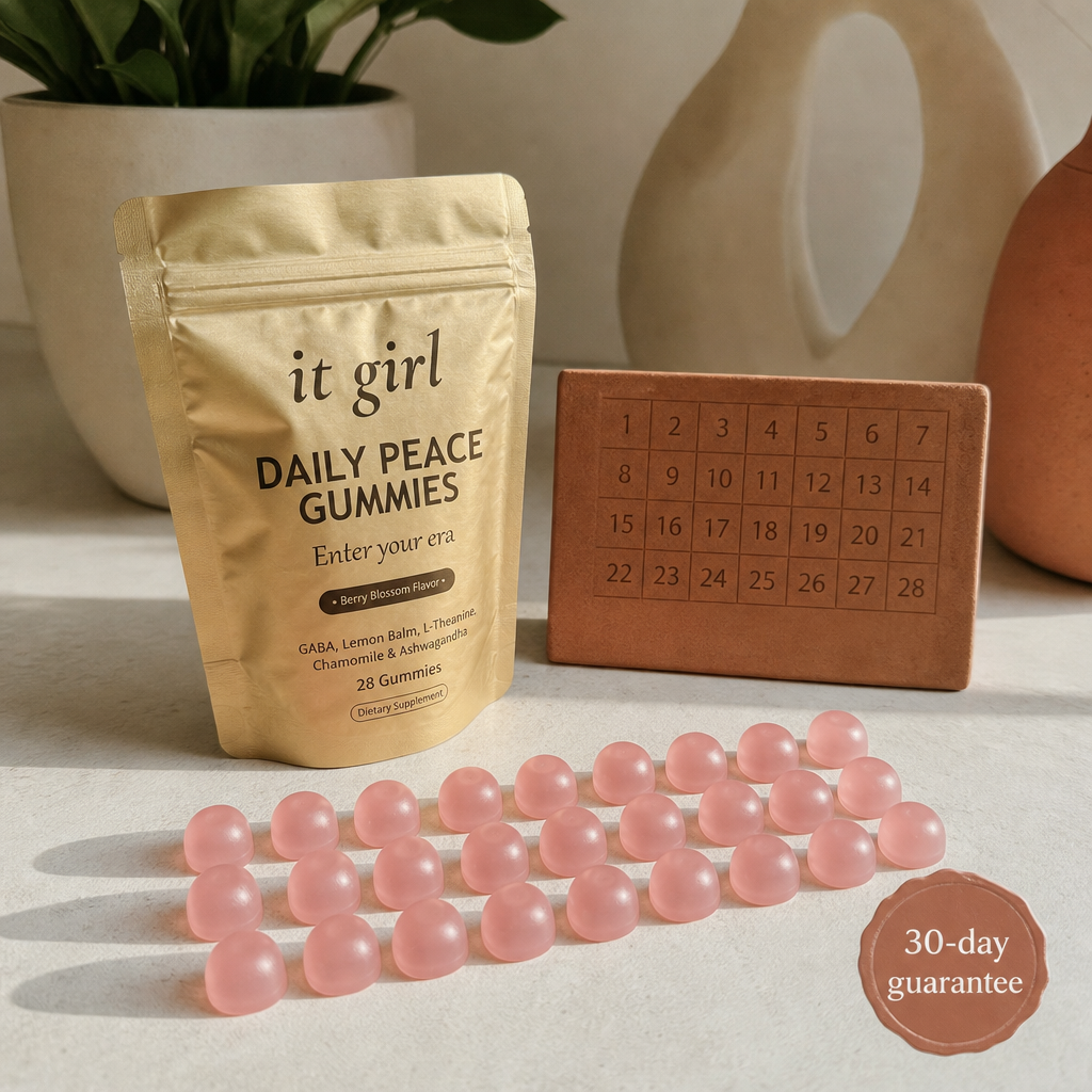 Daily Peace 28-day pouch beside a row of 28 gummies and a 30-day-guarantee badge, a month to feel it