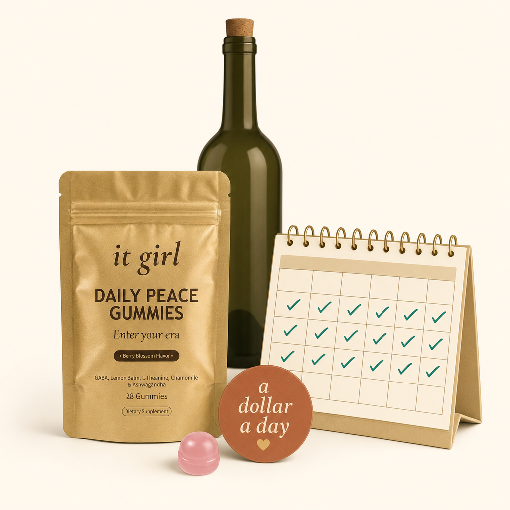 The palm-sized gold It Girl Daily Peace pouch on cream beside a small month calendar and a warm-clay price badge, a whole month of calm for about a dollar a day