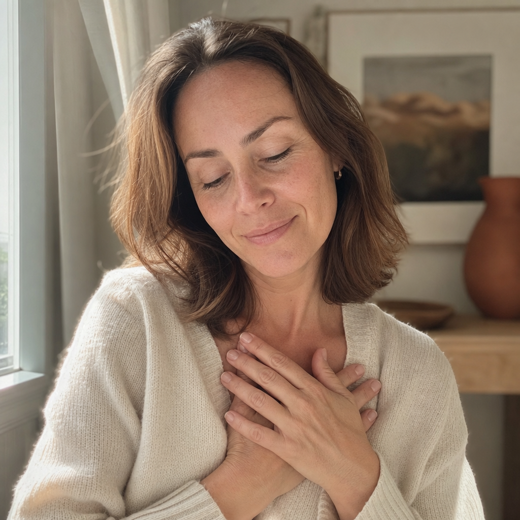Woman in her late thirties in a quiet moment of self-forgiveness, both hands resting over her own heart in soft warm morning light, the years of self-blame lifting