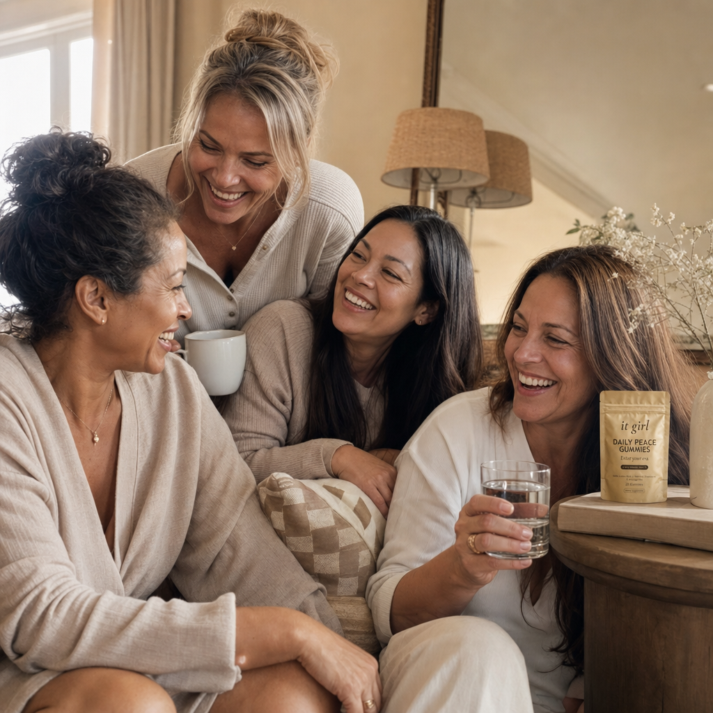 Warm group of women in their thirties to fifties laughing together with tea and water in a sunlit living room, a gold Daily Peace pouch resting nearby, not the only one