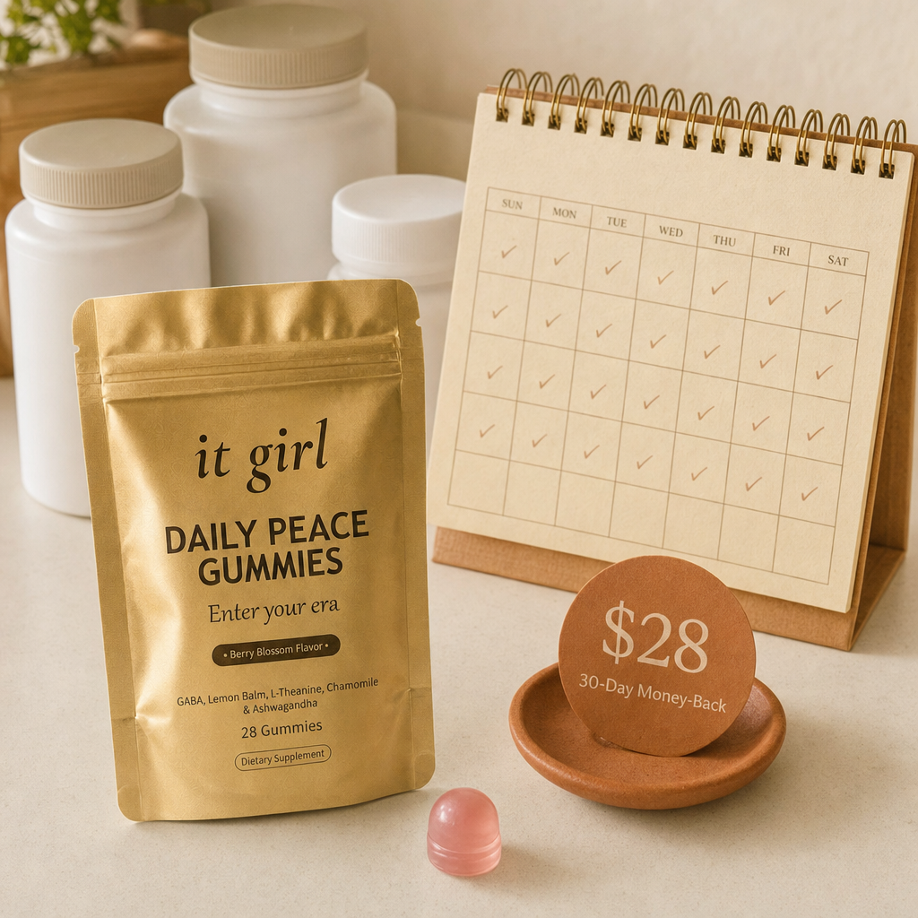 The palm-sized gold Daily Peace pouch beside a month calendar and a warm-clay price and guarantee badge on cream, a whole month of named-dose calm for about a dollar a day