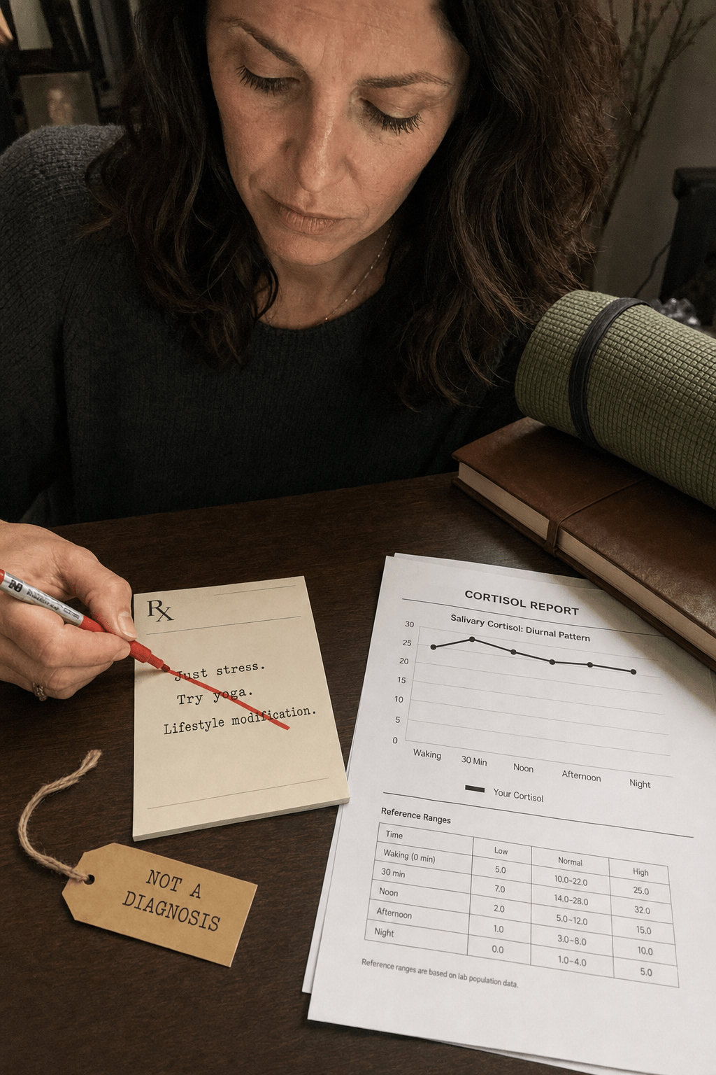 Investigative editorial desk laid out like evidence, a slashed prescription pad reading just stress try yoga, a yellow not a diagnosis tag, a set-aside yoga mat and journal, and a cortisol report whose line never comes down