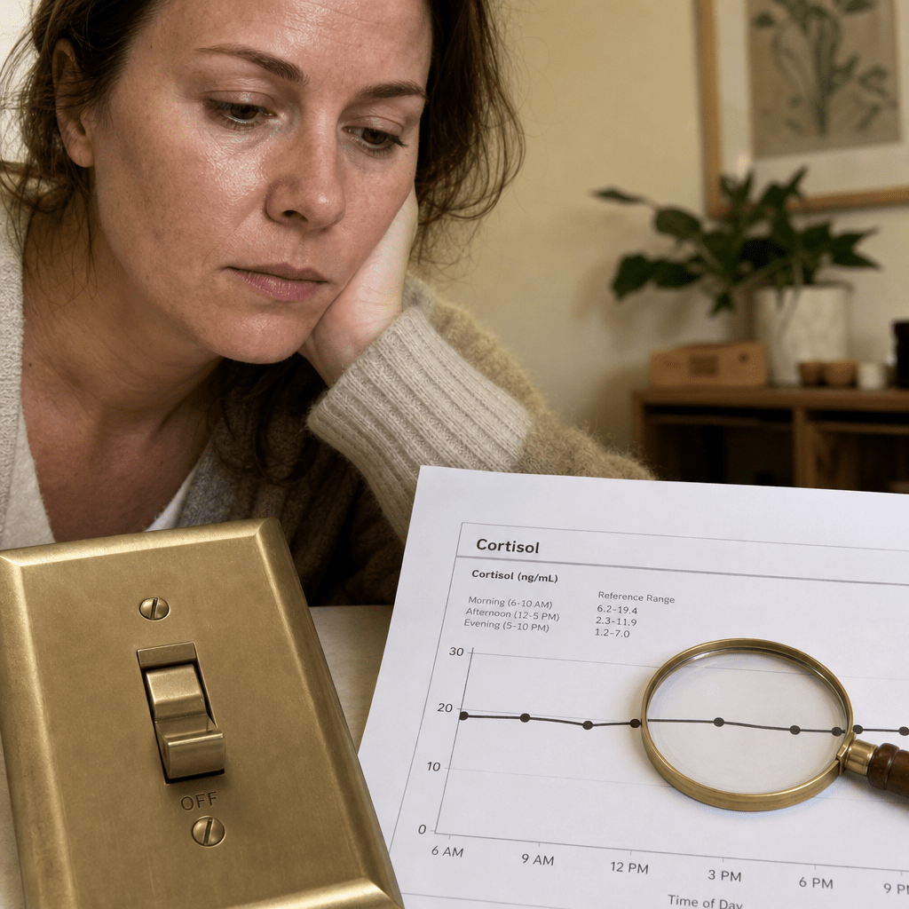 Clinical educational still of a gold dimmer switch stuck in the off position beside a cortisol report whose line stays high all day, the drained off-switch the prescription skipped