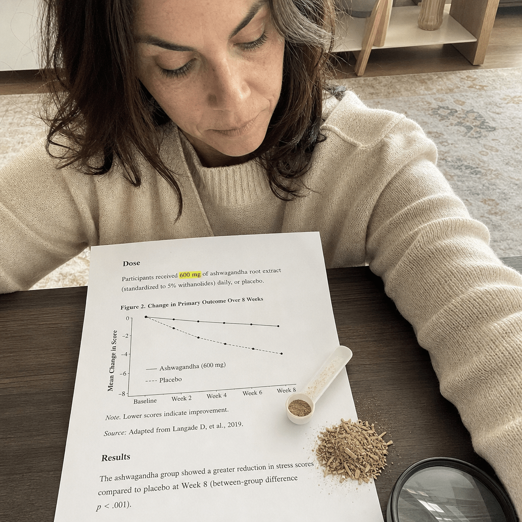 Sober desk still of a clinical report highlighting 600mg beside a measuring scoop holding only a thin fraction and a little unstandardized root powder, the studied dose versus what most of the shelf delivers