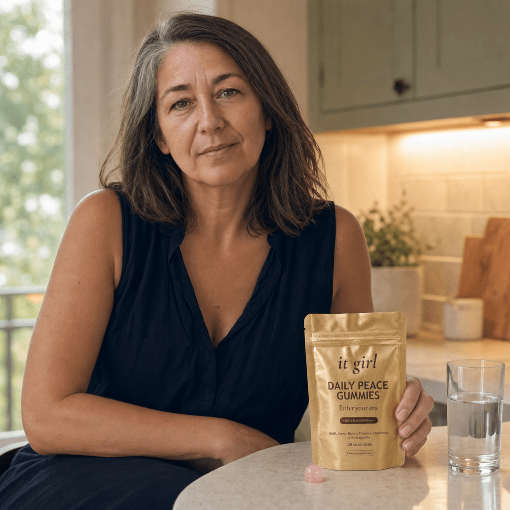 Restored woman in her fifties in her early-evening kitchen at the moment the wine pull would hit, hand resting on the gold Daily Peace pouch and taking a calm exhale instead of reaching for a glass