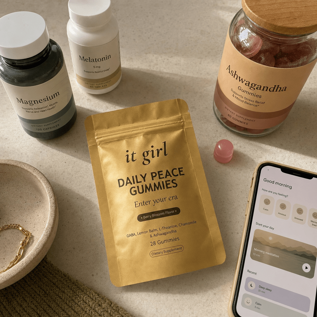 Cream counter of the abandoned swaps the body names, a magnesium bottle, a melatonin bottle, a phone showing a meditation app, a generic ashwagandha gummy jar, the gold Daily Peace pouch chosen forward