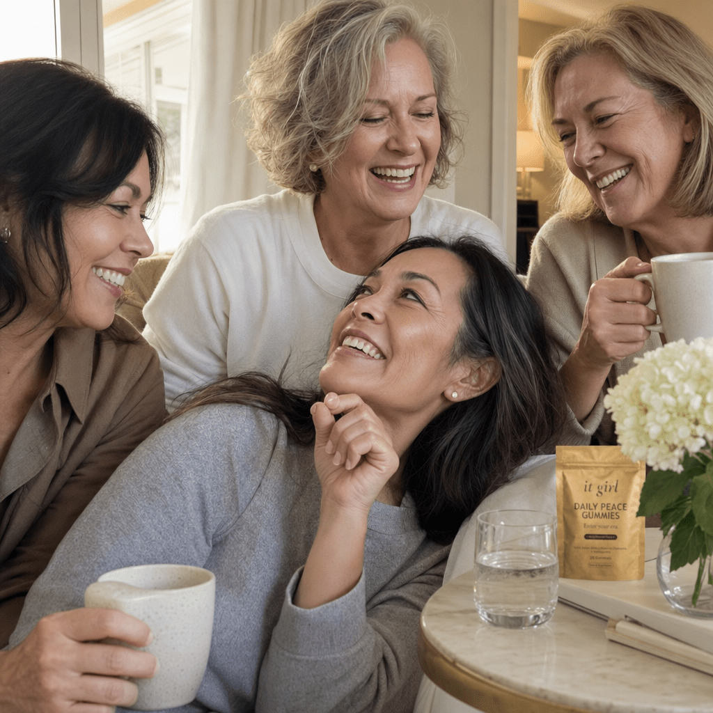 Relaxed group of women fifty to sixty-five with tea and water laughing in a warm living room, a gold Daily Peace pouch resting nearby, not the only one