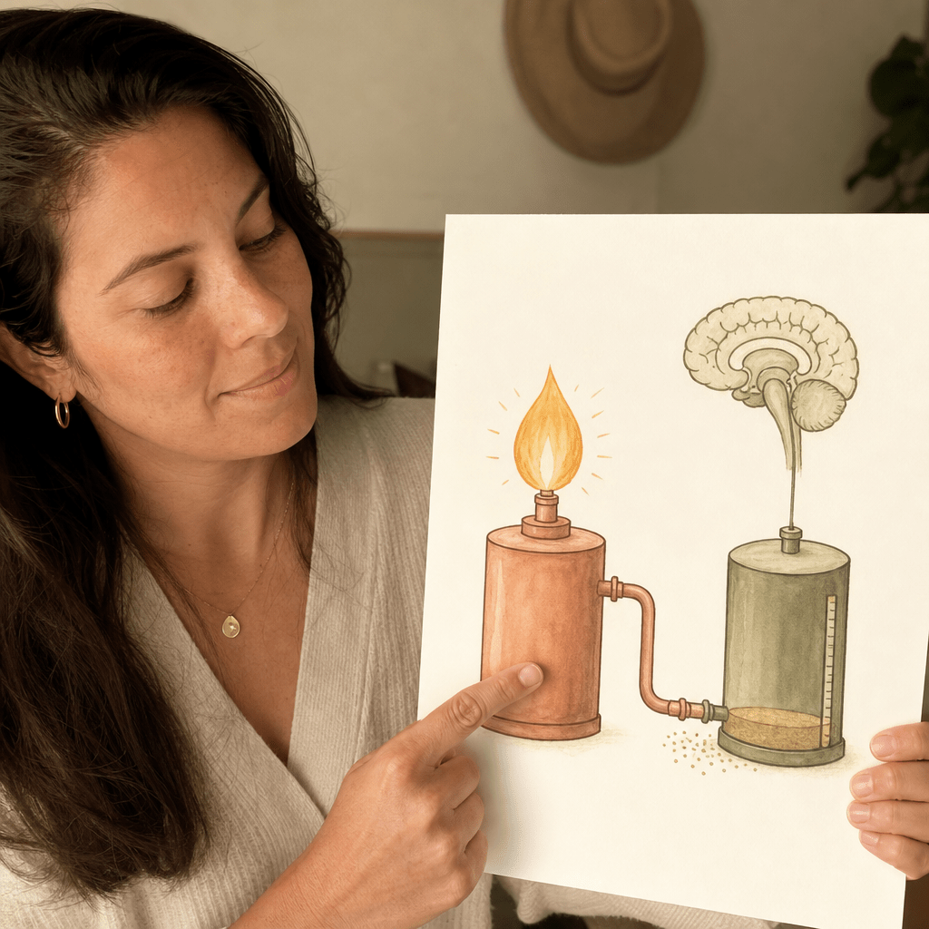 Educational still of a clean brain-and-body diagram showing cortisol staying high and burning through the GABA off-switch, warm-toned conceptual medical visual, the mechanism that was found, no product in frame