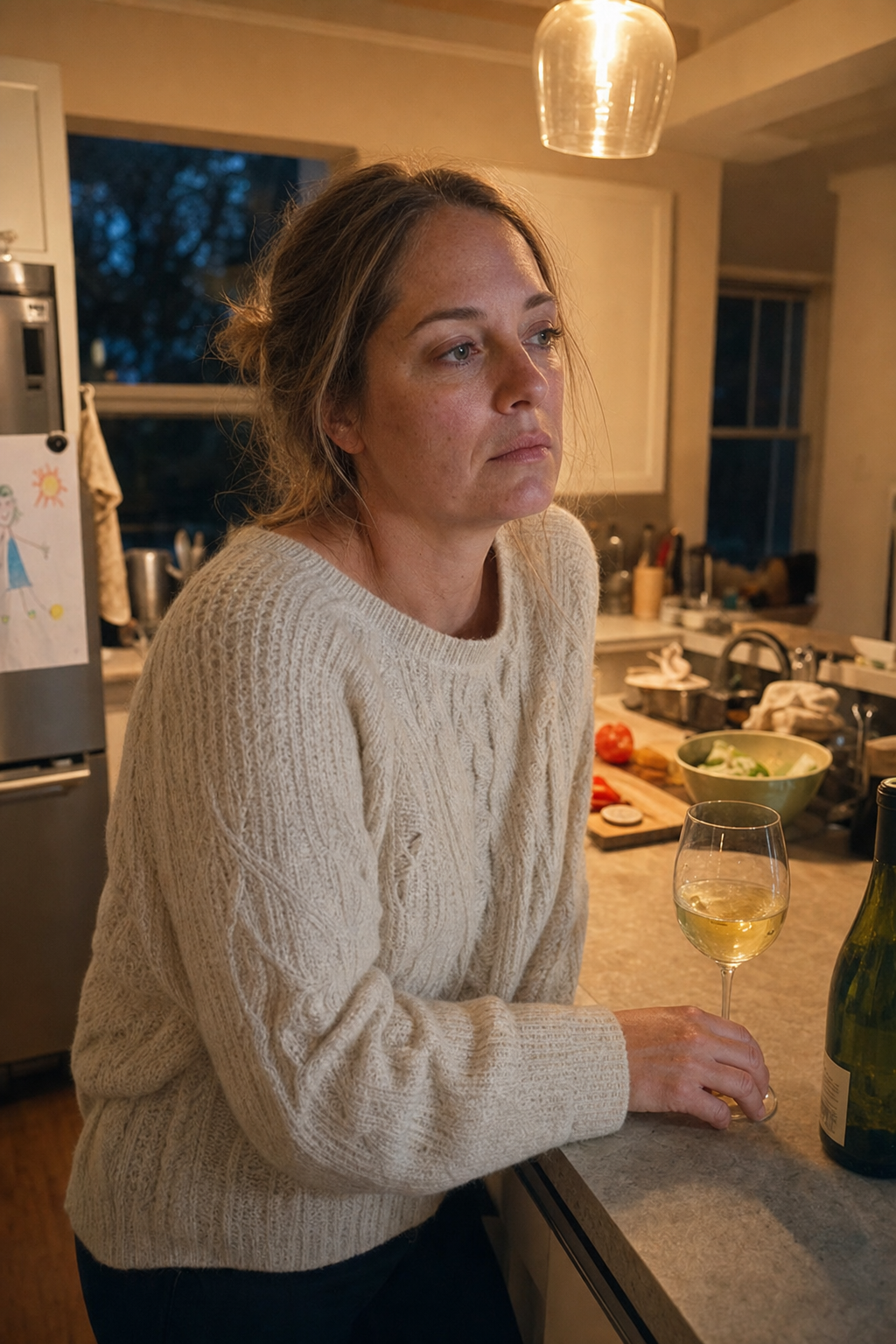 Documentary candid of a woman in her forties in a cream cable-knit sweater standing at her dusk kitchen counter during the quiet 7pm hour, a poured glass of wine beside her, looking tired and far away as dinner sits half-prepped