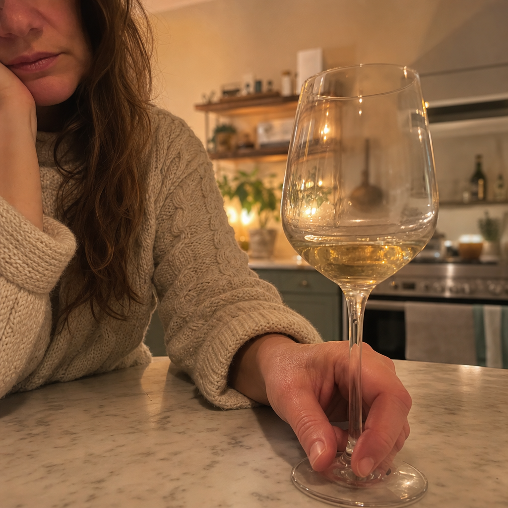 Close candid of the same woman's hand resting near a wine glass on the evening counter at the moment the daily pull hits, weary and human, the automatic reach