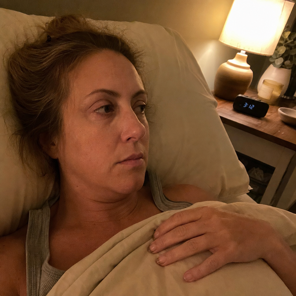 Documentary candid of the same woman lying awake in bed in the dark with the bedside clock reading just past 3 AM, eyes open and exhausted, the cortisol rebound