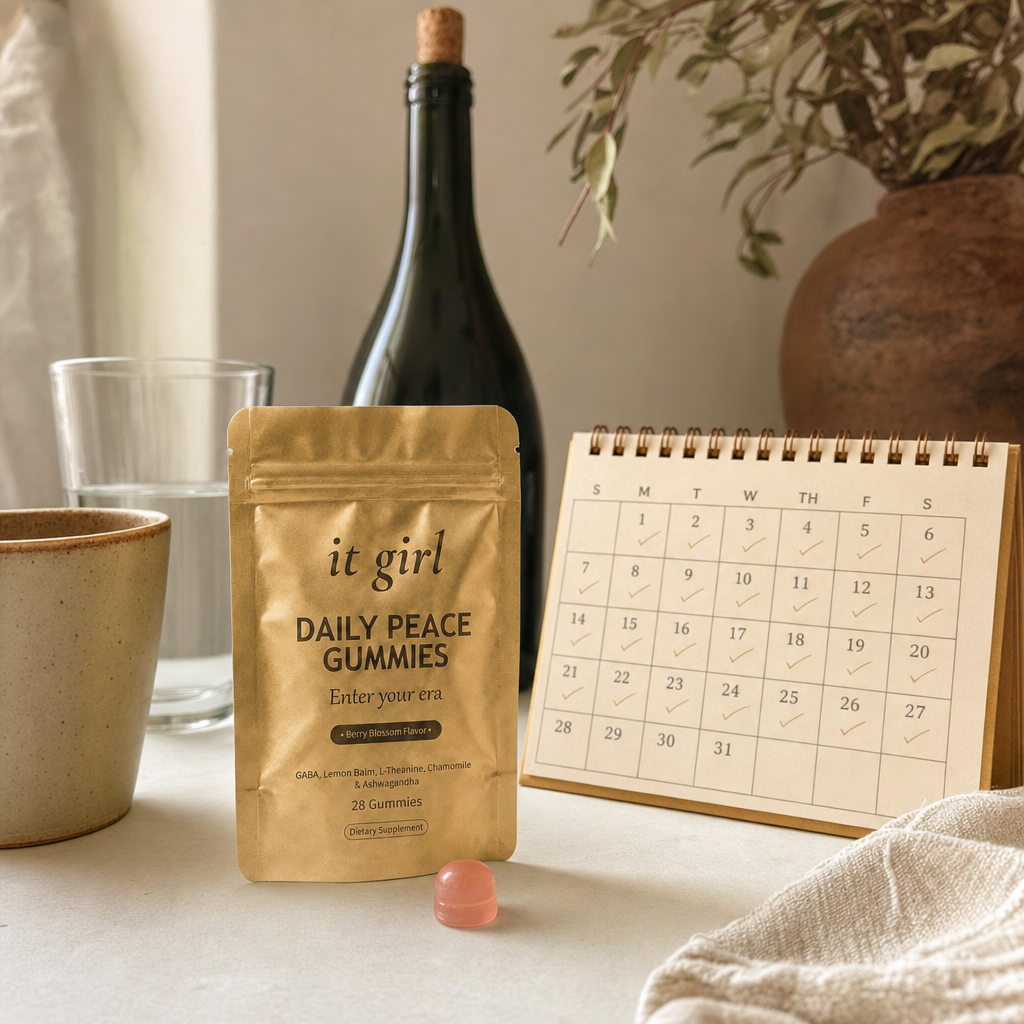 Warm still life of the palm-sized It Girl Daily Peace pouch and a month desk calendar in sharp focus with a single unlabeled dark wine bottle softly out of focus behind them, a whole month of calm for less than one bottle