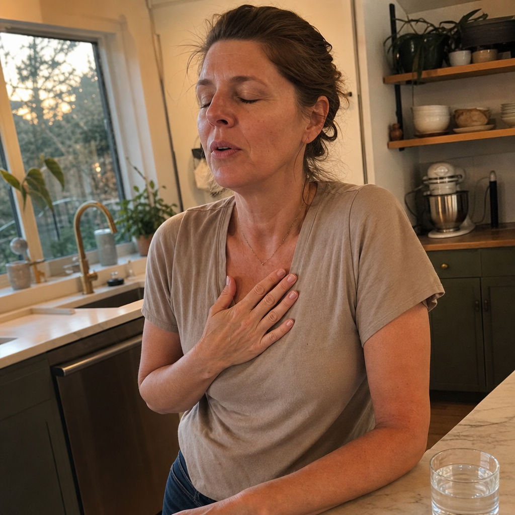 A real woman in her forties at her kitchen counter at 7pm at the end of a long day, wired and depleted, letting out a slow exhale with a hand on her chest, no wine glass and no product, the reach made human, editorial palette