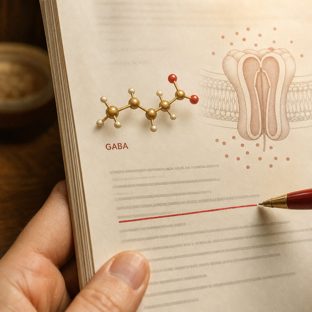 A macro editorial still of the file's red-underlined line about the body's own calming signal running low by evening, a faint champagne-gold GABA molecule motif glowing softly above the page, no product