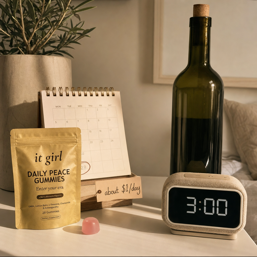 A cost-comparison still life, the gold It Girl Daily Peace pouch with a month calendar and an about a dollar a day tag on one side against one plain dark bottle of wine and a bedside clock reading 3:00 on the other