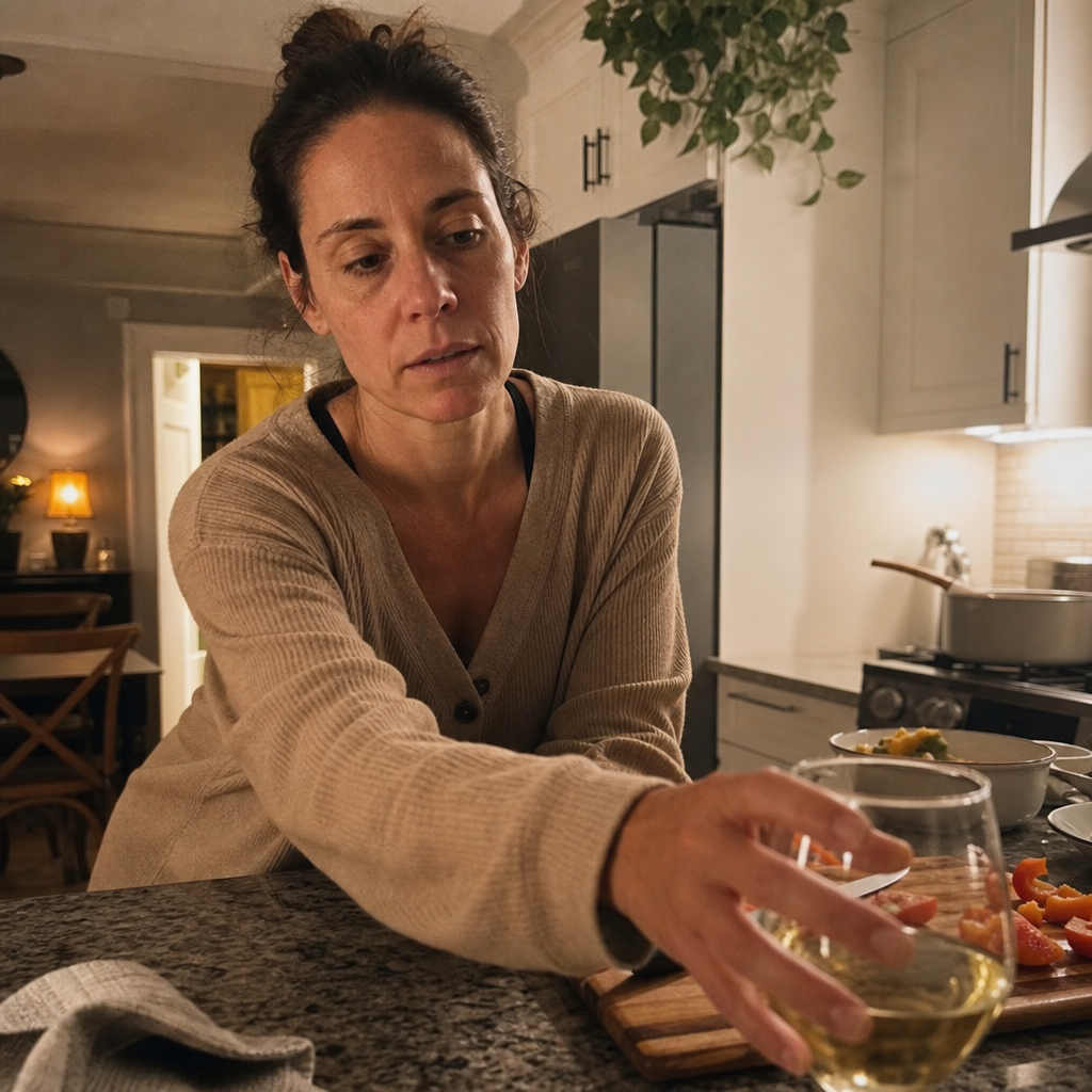 Editorial photo of a woman in her forties reaching for a glass of wine at her kitchen counter at 7pm, shoulders tense, the moment the evening pull hits