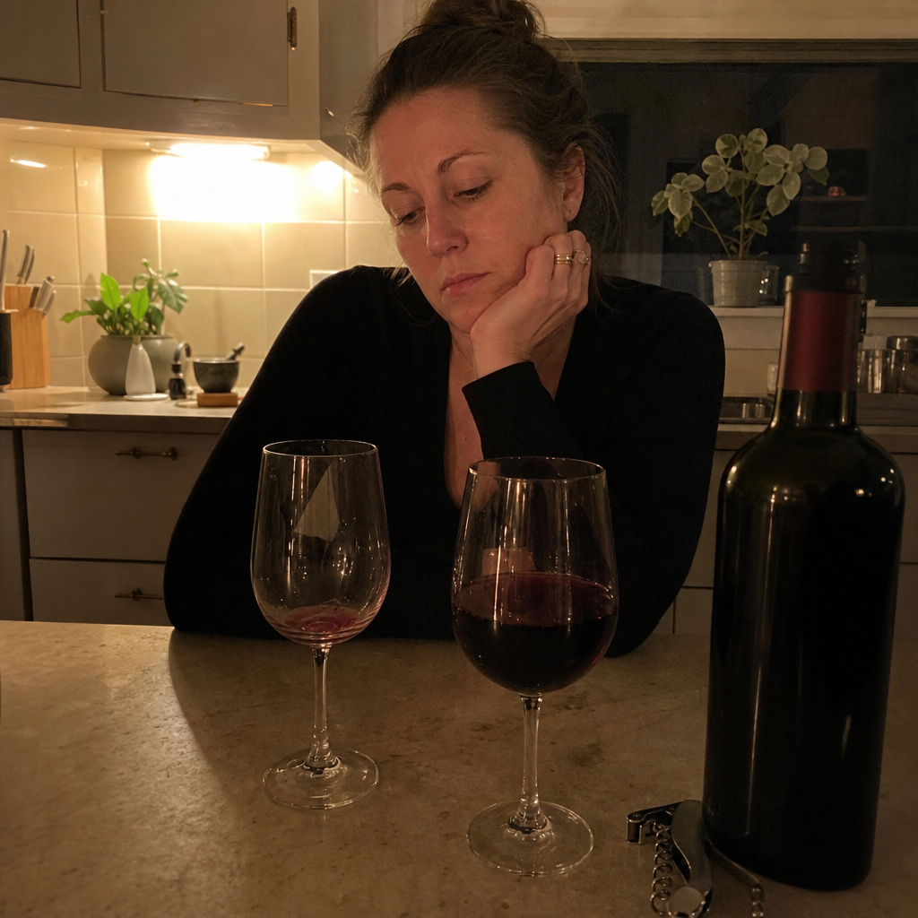 Editorial photo of two wine glasses on a kitchen counter, one nearly empty and a second being poured, the quiet nightly escalation of tolerance