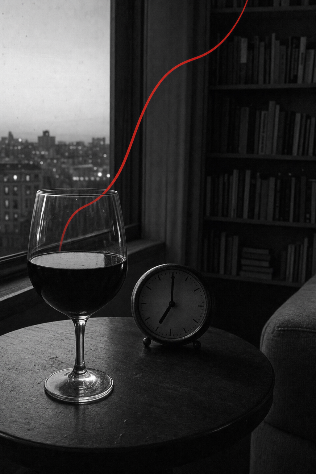 A black-and-white documentary still of a single glass of red wine at 7pm by a window, with the one full-color element a crimson cortisol curve rising out of it into a calm crest then tipping toward a spike off-frame, the only color in the frame, no product