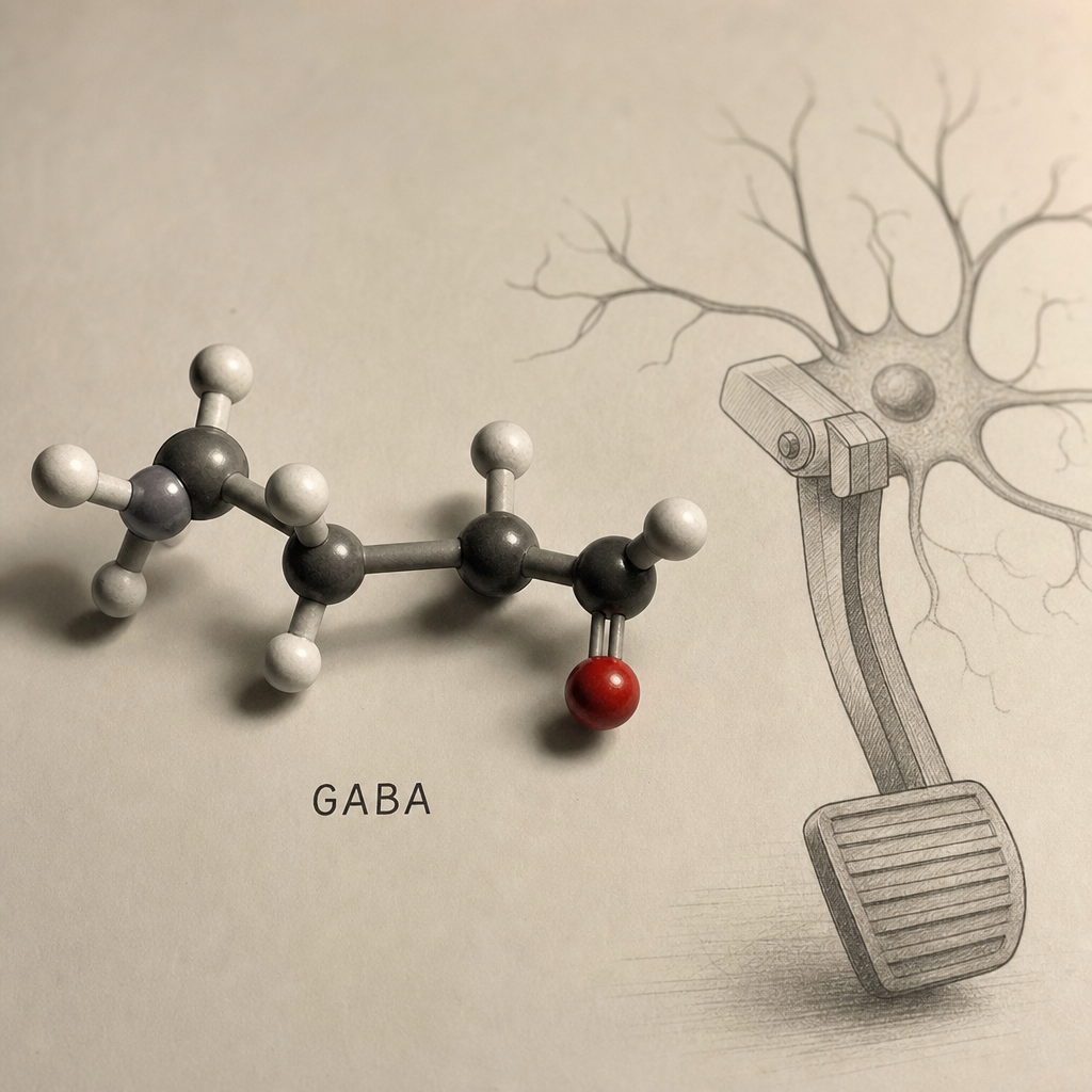 A black-and-white museum-style still of a GABA molecule with a single crimson accent beside a faint diagram of the nervous system's brake, the calming signal that runs low by evening, no product