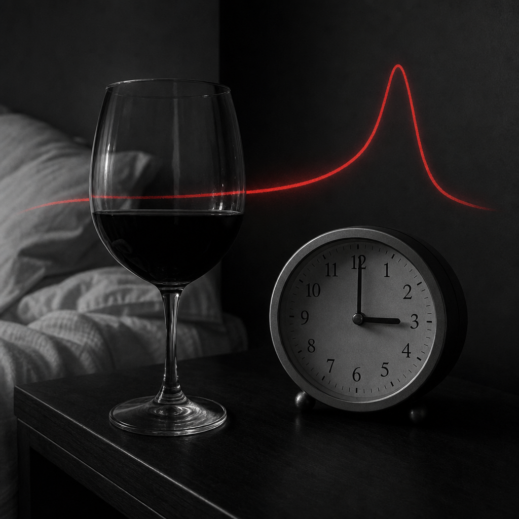 A black-and-white nightstand still of a single glass of wine beside a clock reading 3:00, with a single full-color crimson cortisol curve rising sharply between 1 and 4am overlaid behind them, the relief that turns into the rebound, no product