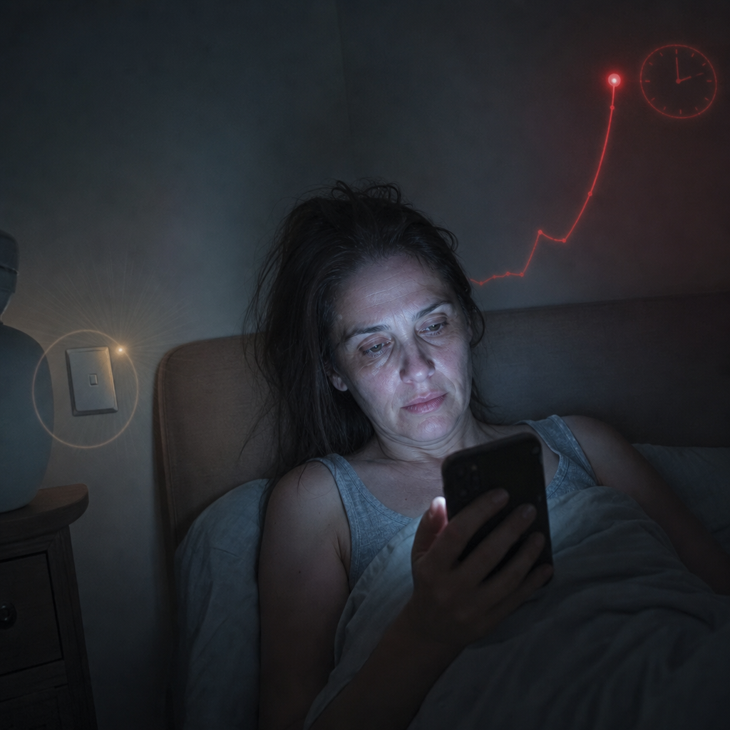 The 3:22 AM band, the same woman awake against the headboard in cold cyan phone-glow, a red cortisol rebound curve rising to a faint 3am clock, the same calm receptor being slammed shut