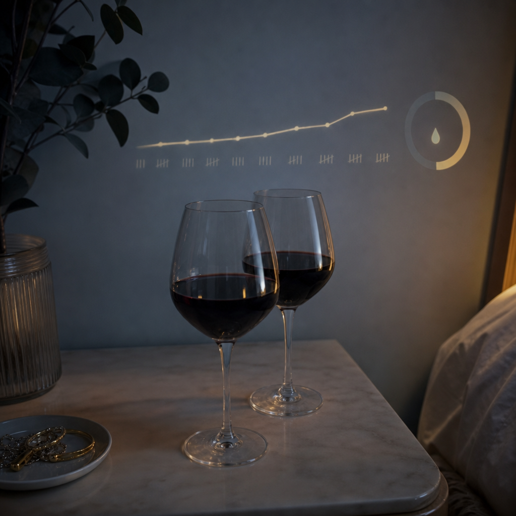 Two wine glasses where there was one on a cool nightstand, a faint baseline line climbing higher night over night, the deficit compounding in one direction