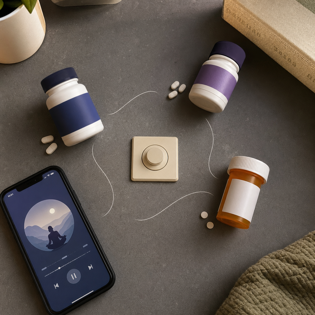 Overhead flat-lay of the swaps that missed, a magnesium bottle, a melatonin bottle, a phone showing a meditation app, and an SSRI prescription bottle, each working around a central calm receptor none of them reach, no It Girl product yet