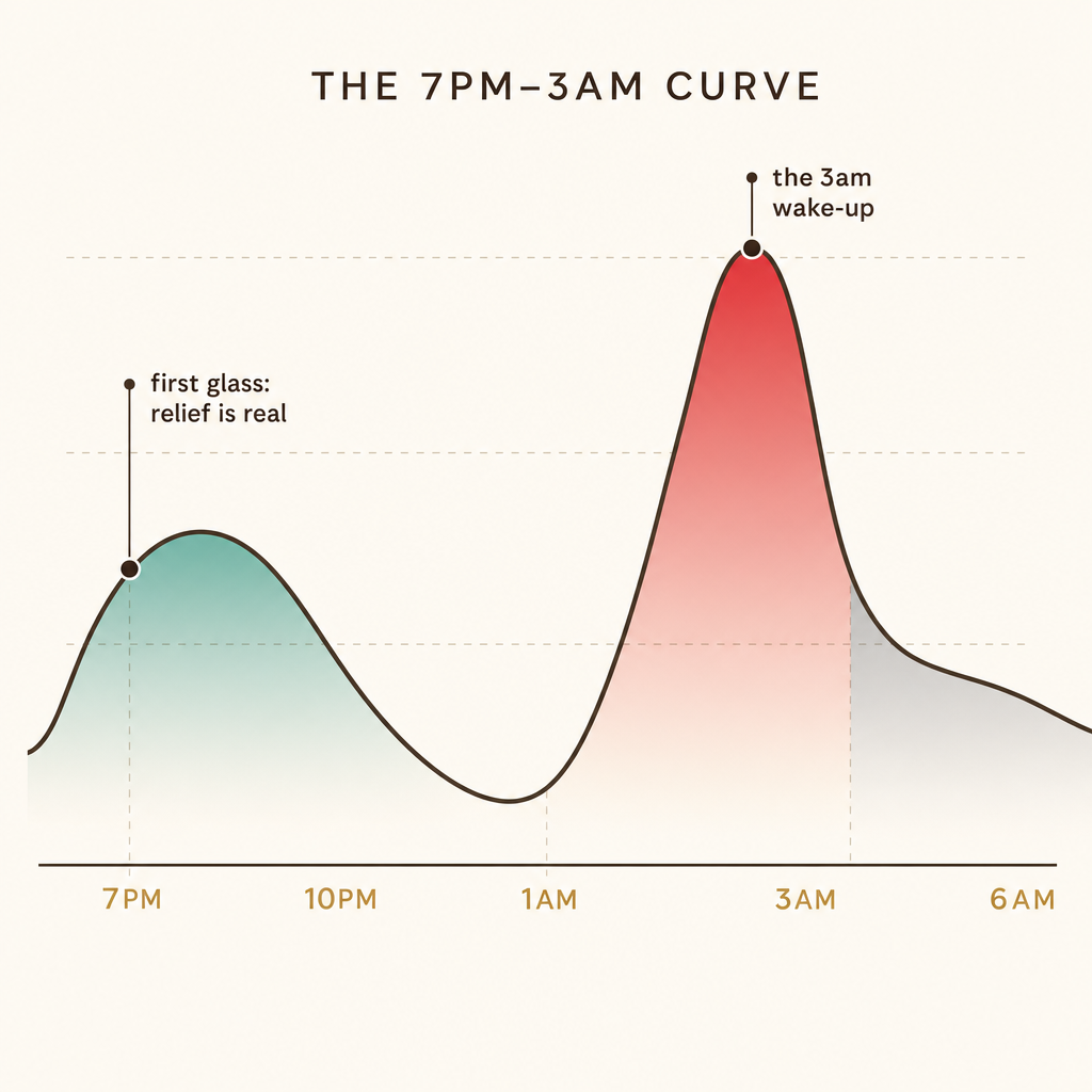 Editorial line chart of the evening calm curve rising at 7pm then rebounding into a cortisol spike between 1am and 4am.