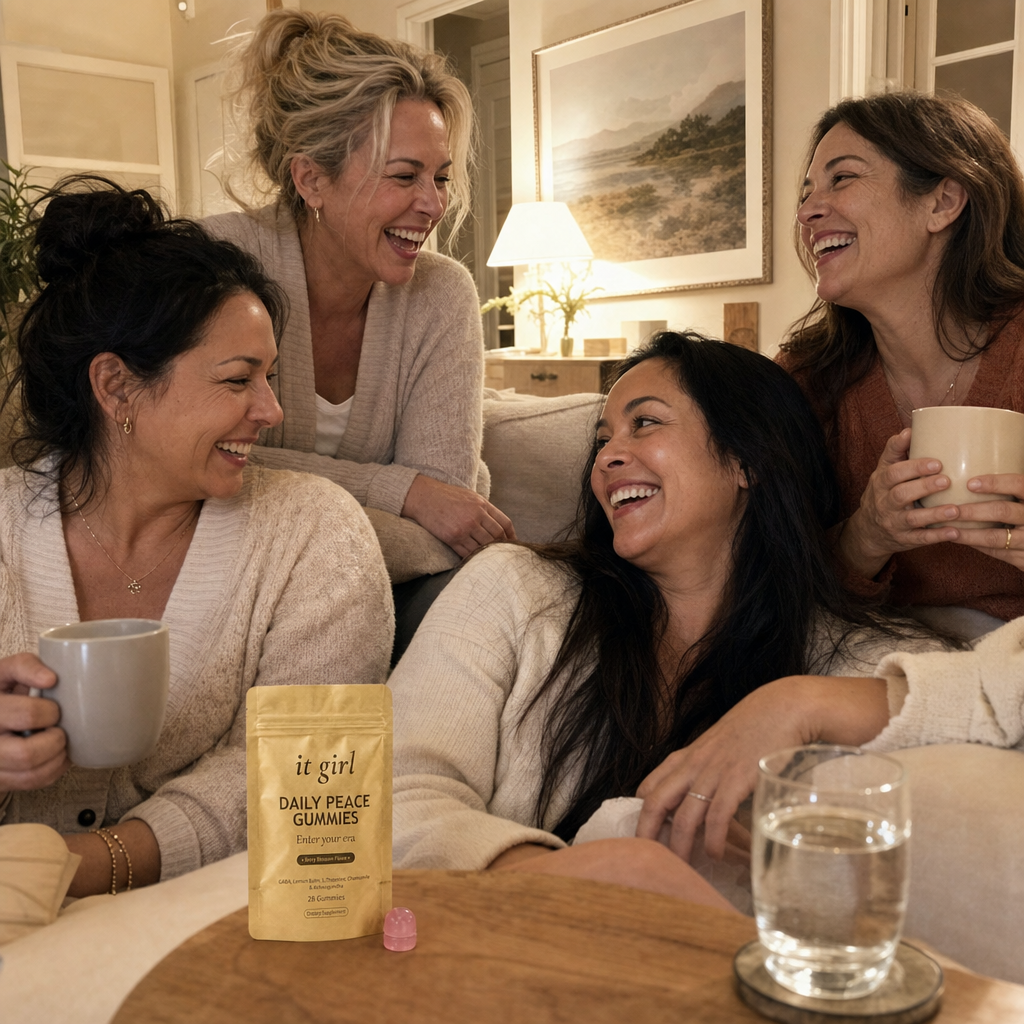 Warm candid group of relaxed women in their forties and fifties laughing together in an evening living room with tea and water, a gold It Girl Daily Peace pouch resting nearby