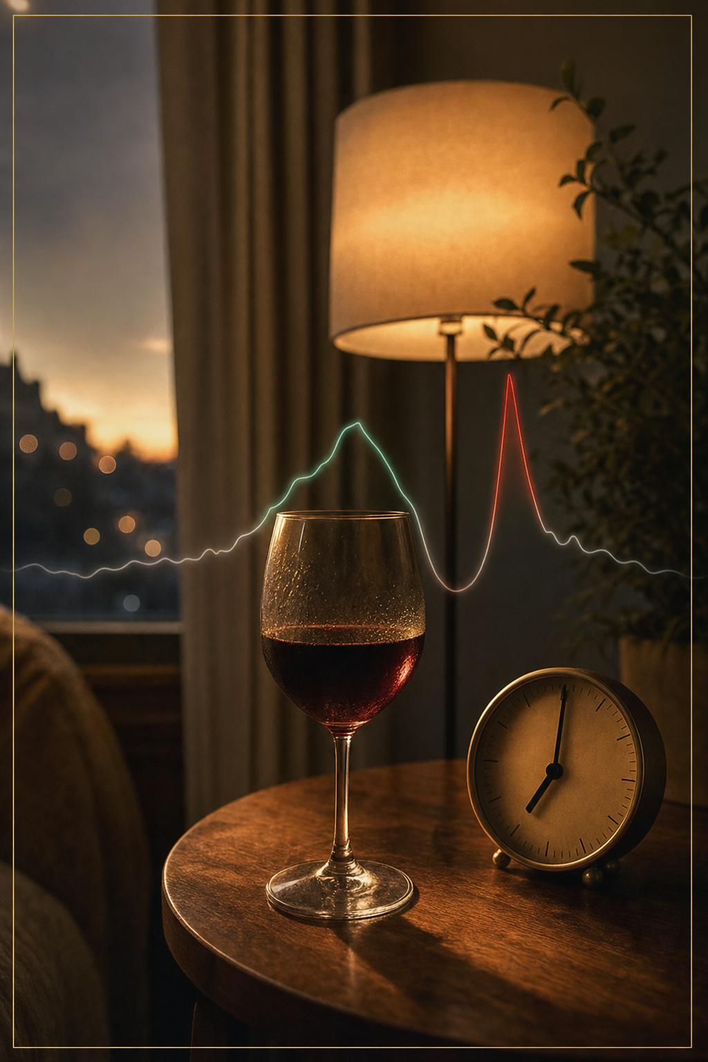 A single glass of red wine at 7pm on a warm wood table, a faint calm-and-crash curve rising behind it — the hidden nervous-system pattern the article is about to name.
