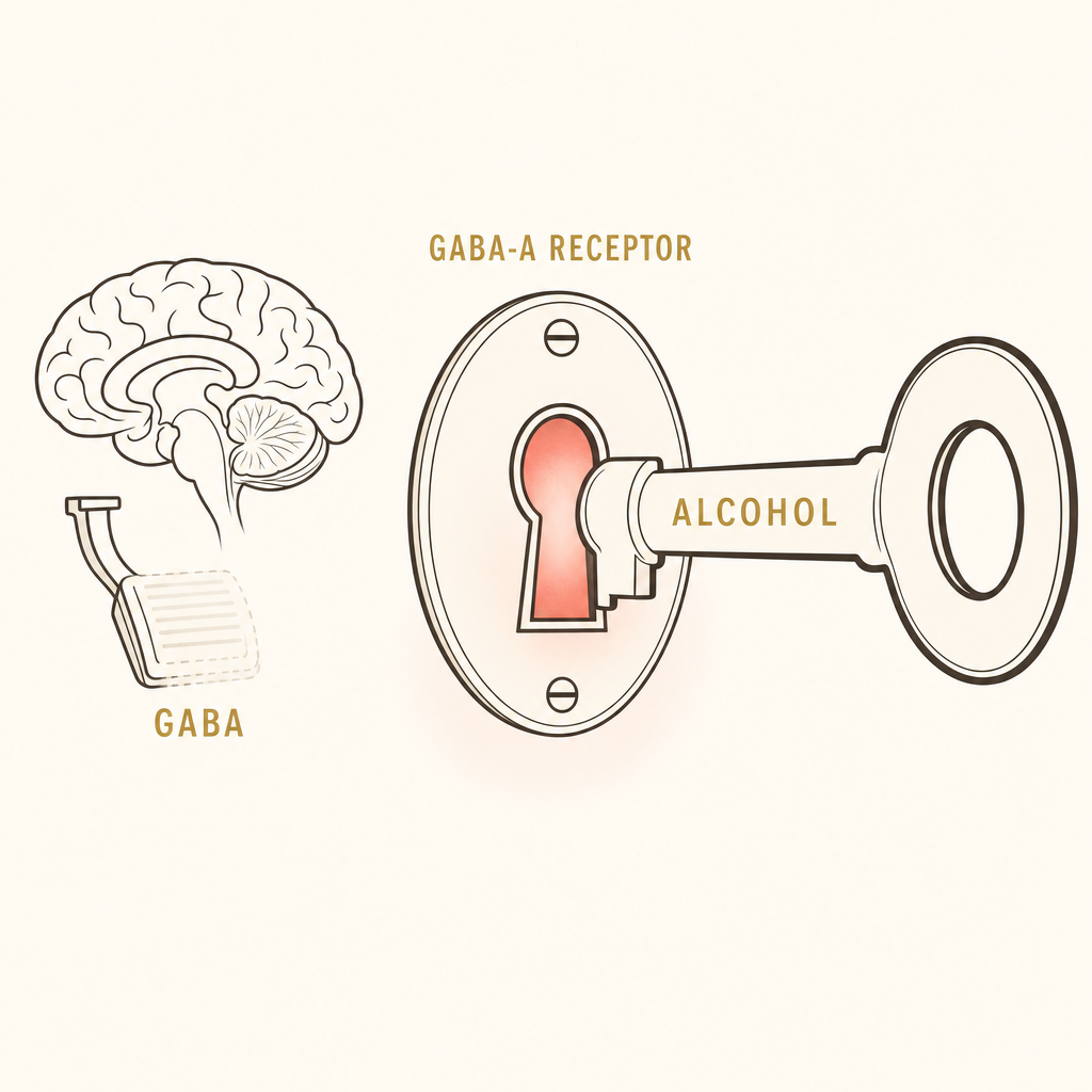 Diagram of the GABA-A receptor as a lock with alcohol as a blunt key flooding in the calm signal.