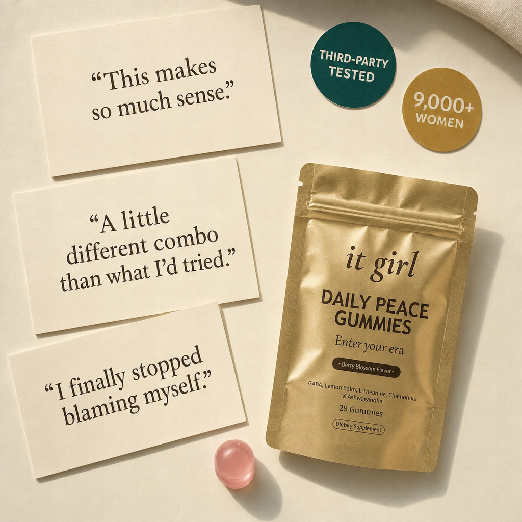 The Daily Peace pouch beside third-party-tested and 9,000-plus-women trust badges and review-style quote cards.