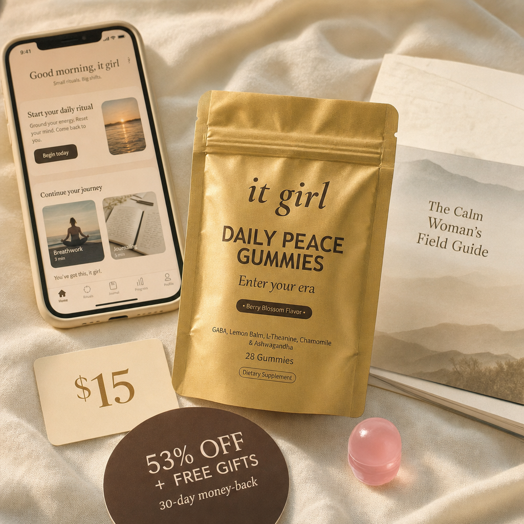 The Daily Peace bundle on cream: gold pouch, the It Girl app on a phone, a $15 gift card and the Calm Woman's Field Guide.
