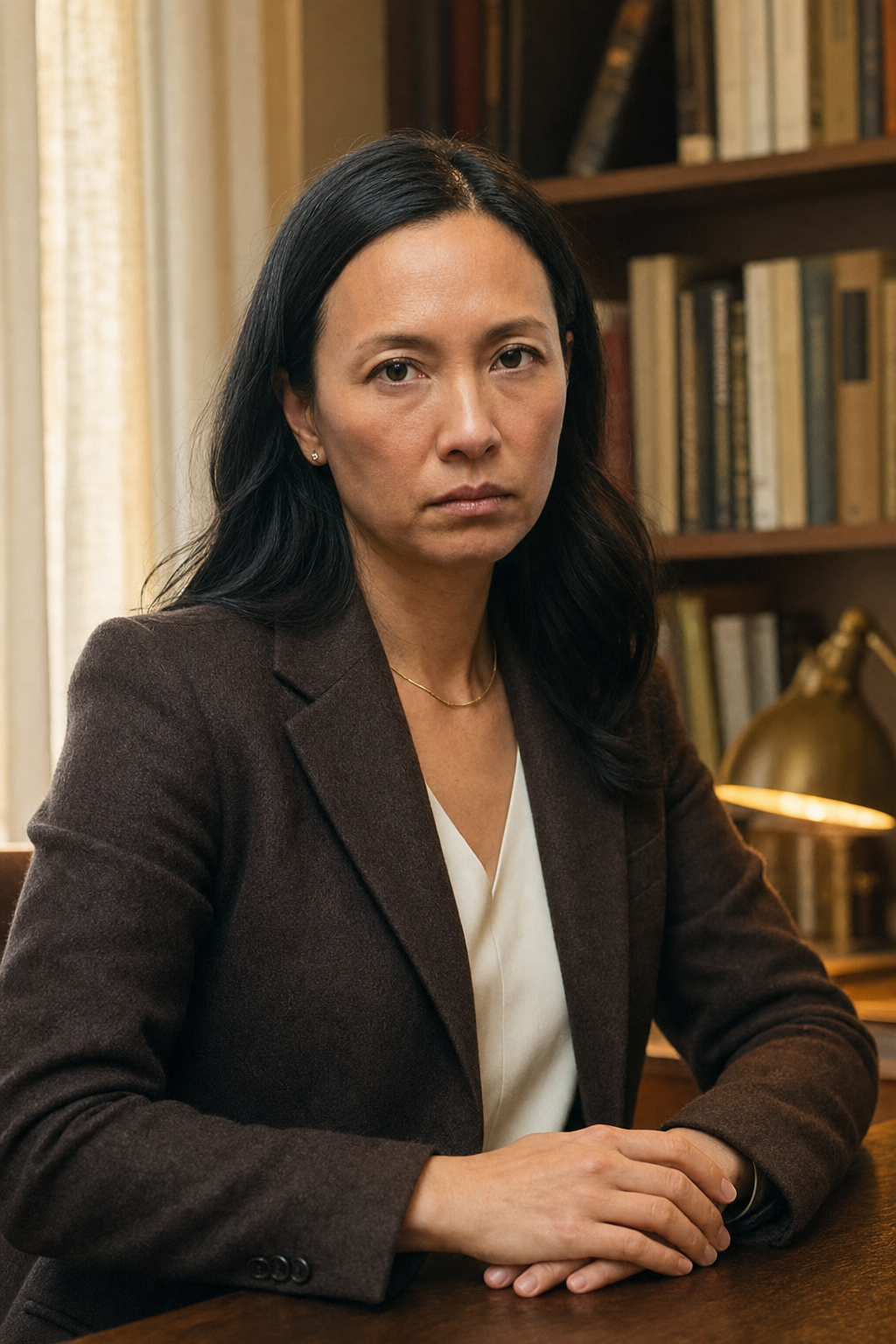Dr. Sofia Marks in her warm office, hands settling, looking directly at the camera to explain why wine works and where it fails.