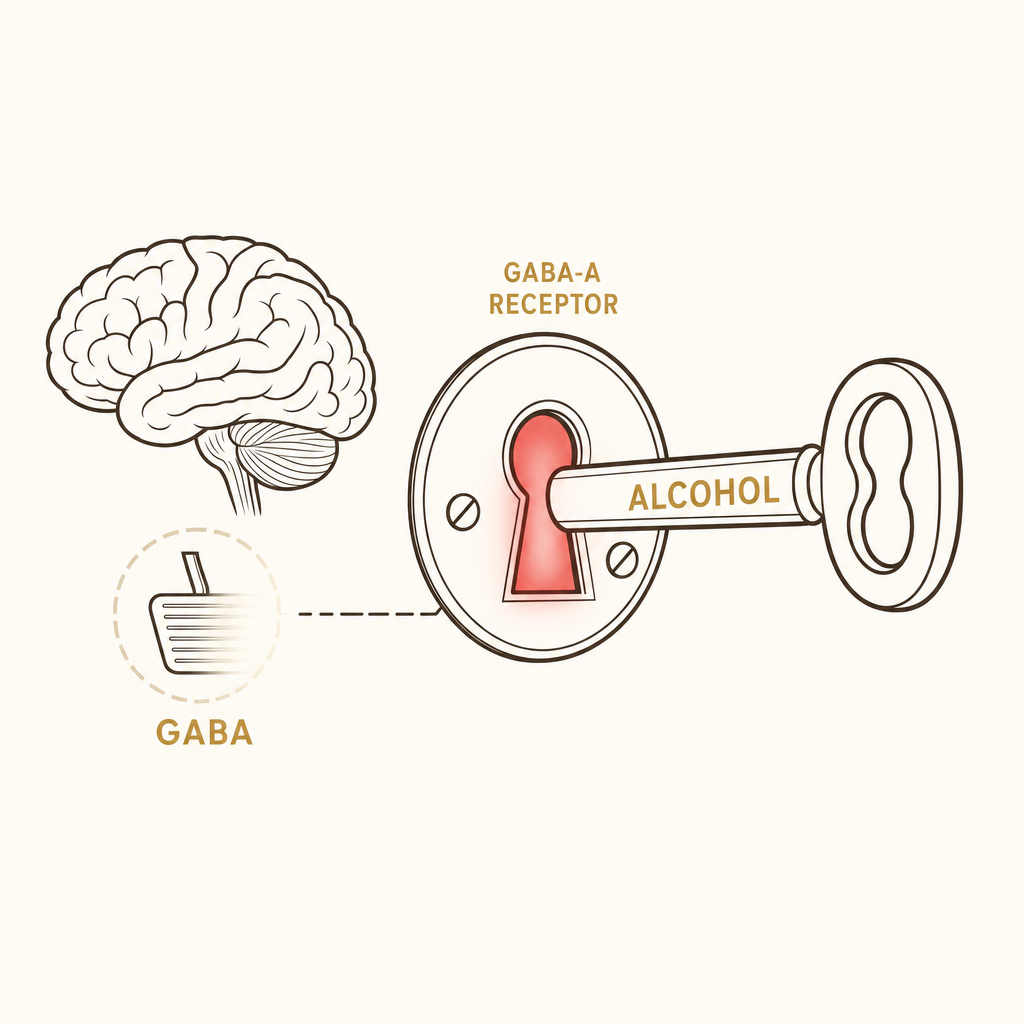 Diagram of the GABA-A receptor as a lock with alcohol as a blunt key flooding in the calm signal.