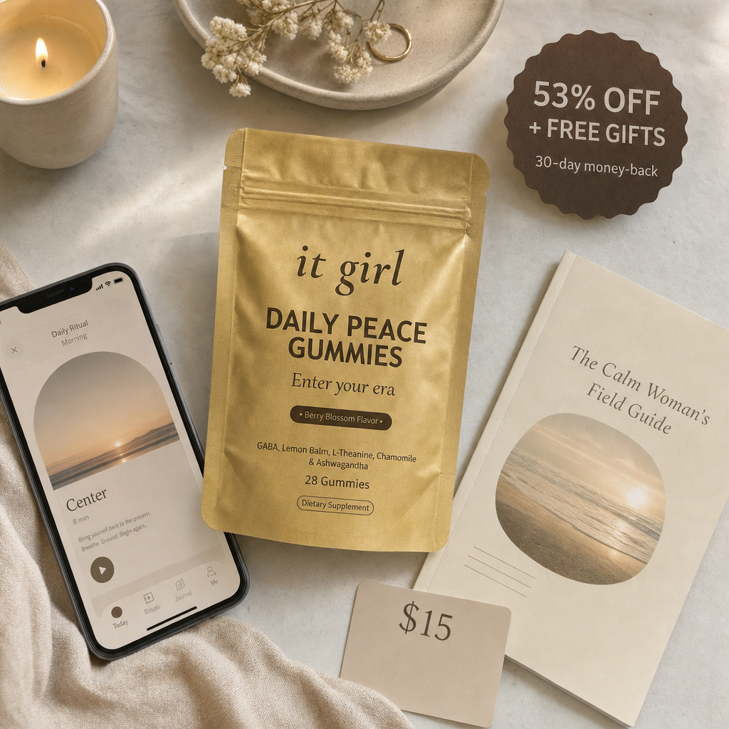 The Daily Peace bundle on cream: gold pouch, the It Girl app on a phone, a $15 gift card and the Calm Woman's Field Guide.