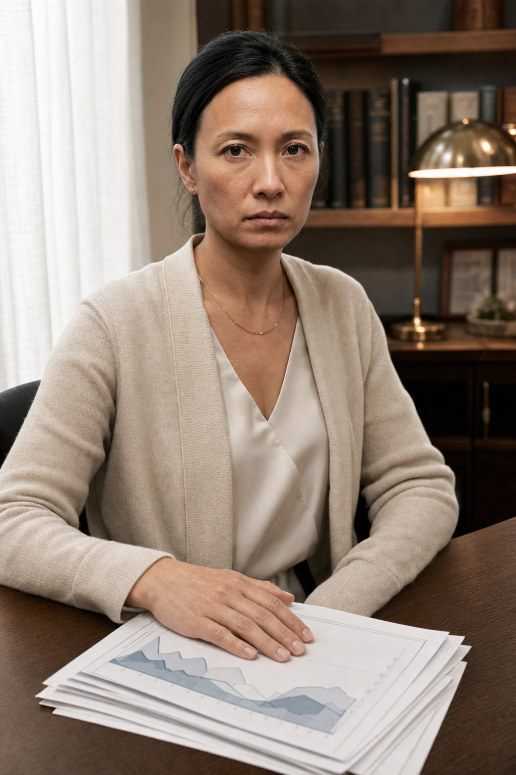 Dr. Sofia Marks at her desk with a stack of evening cortisol panels, looking up at the camera to explain what they all show.